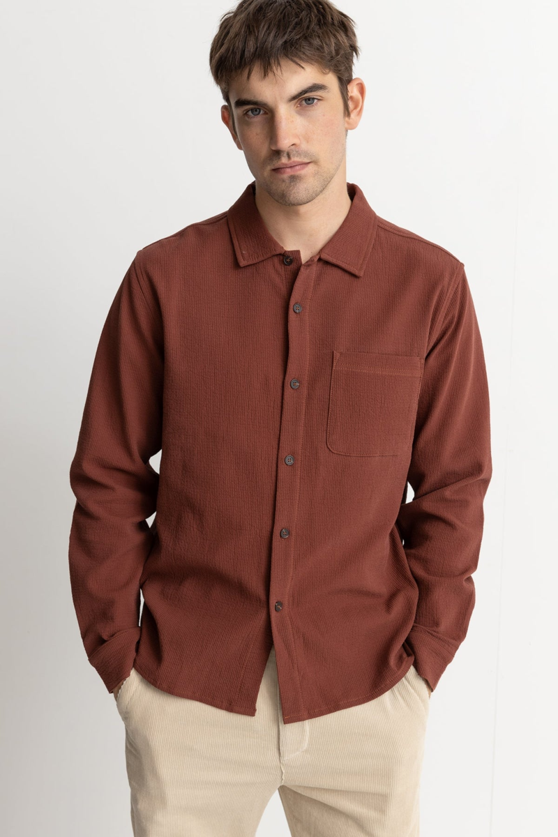 Rhythm Textured Long Sleeve Shirt Clay - Mens Red Shirt-1