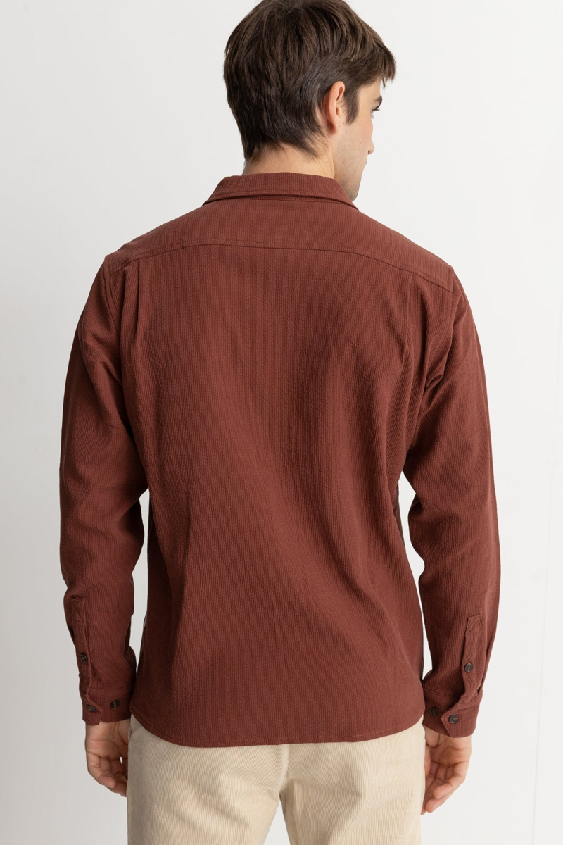 Rhythm Textured Long Sleeve Shirt Clay - Mens Red Shirt-2