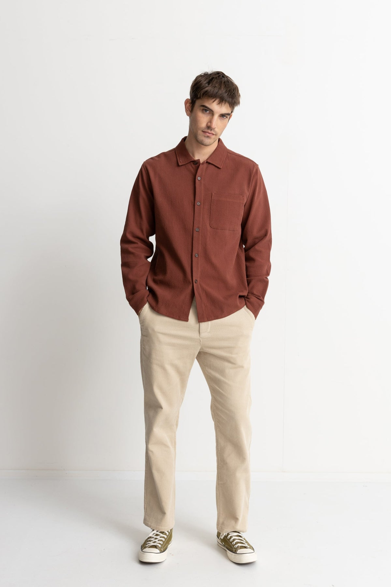 Rhythm Textured Long Sleeve Shirt Clay - Mens Red Shirt-3